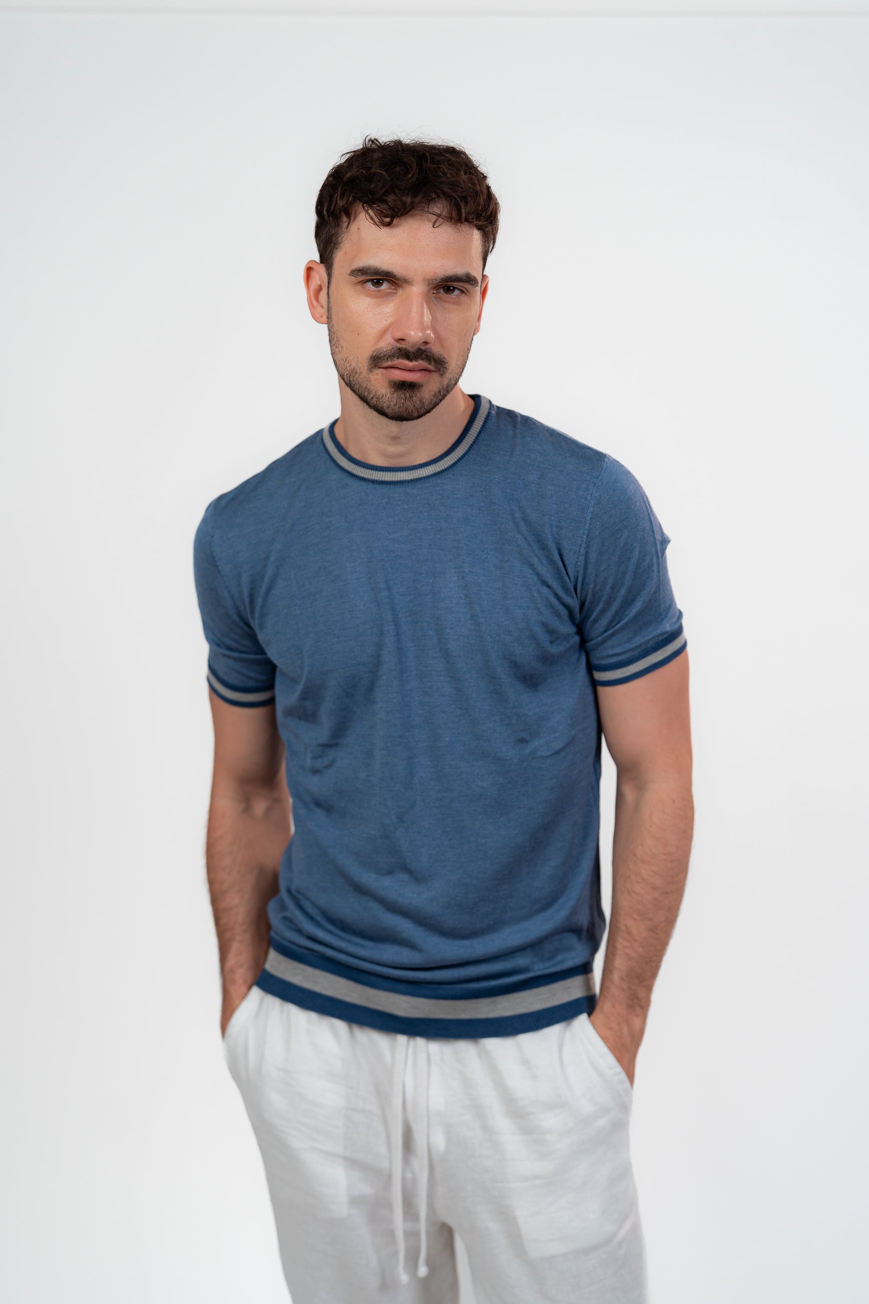 Lined Round Tshirt Dark Blue